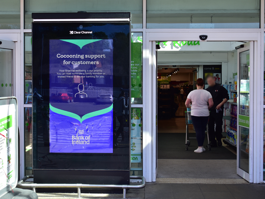 Digital screen at Asda store with Bank of Ireland cocooning campaign message Digital screen at Asda store with Bank of Ireland cocooning campaign message